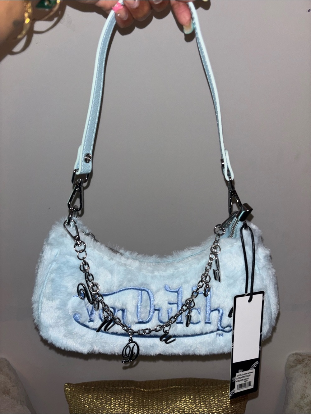 Von Dutch Light Blue Faux-Fur Shoulder Bag with Silver Chain Charm